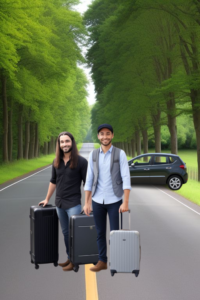 Two guys standing in the middle of a country highway/road with a small black hatchback car in the background. The two have luggage in hand. The male on the left is dressed in black with long hair and the other is a little taller and dressed in blue with a darker blue vest. both have short beards.