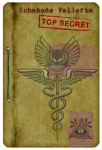 The cover of a very old book with an odd medical symbol combined with ancient symbol of wings and an alien face. As well as the symbol with the eye. The book cover is a old, weathered tan colour. The booklet also has "Top Secret " stamped on the front.