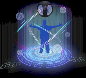 Ichabode in the transportation device, bluish swirling lights around and a blueish circular design at his feet with various greyish orbs surrounding him.