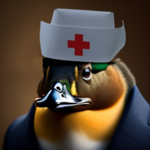 A colourful duck wearing an older looking nurses hat.