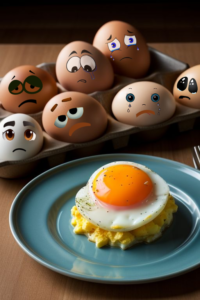 A carton of eggs open and each egg has a sad face. The are all looking at a plate with a meal with a cracked egg on top of the meal.