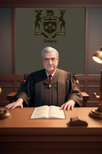 A very serious judge sitting ask his desk with a lamp on and the Ontario justice symbol on the wall behind him. There is an open book on his desk in front of him. The hammer and gavel are seen just off to his right.