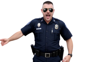 An upset police officer wearing dark aviator sunglasses and yelling.