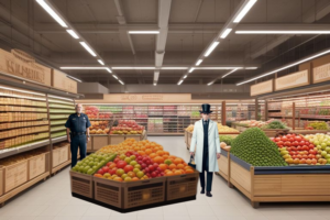 A man dressed with at top hat and a white long coat walking through the produce section of a department store with a security guard watching from a distance.