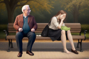 A young lady, very upset sitting to the right side of a park bench wearing a white blouse and a dark skirt with a green Croc (sandal) on her knee. An older gentleman sits to the left looking at her. Hehas white hair, glasses, a brown jacket, with dark shirt and dark pants.