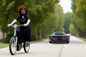 A middle to late aged lady being chased by a black muscle car. The lady is riding her special bike.