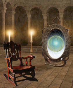 A large brownish tinted room with a very ornate and antique rocking chair, two tall candles mounted on candlesticks and a large oval mirror with a strange white to blue/green glow to it.