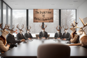 A room with lots of windows showing the wintery outside. A sign at the top of one center window says The Loyal Order Of Santa's Reindeer. The reindeer are all dressed well and sitting around a square board table.