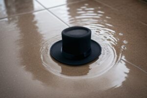 A black top hat floating on a puddle of water on a tiled floor