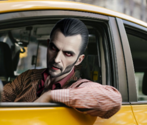 A taxi cab/Uber driver sitting in the driver's seat looking out thw drivers window with his elbow resting on the top of the door. The driver looks very much like a modern vampire.