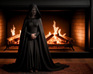 A lady standing with her back to a very large fireplace indoors. She is dressed in all black with a black hood. Her face is somewhat hidden as well.