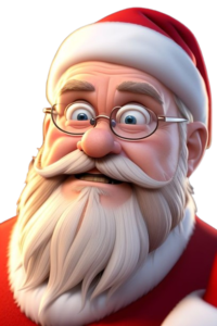 A head shot of Santa with his eyes bulging and looking a little confused and surprised.