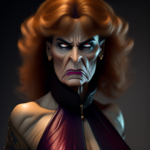 A very mean and evil looking middle aged lady, or trying to look middle aged with pure white eyes. No pupils, and a reddish hair.