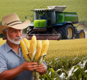 An older gent wearing a cowboy hat holding ears of corn partially husked with a green harvester tractor in the background.