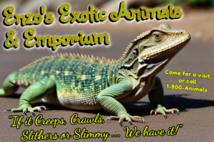 A bearded dragon on all fours in the dirt. Words above and below "Enzo's Exotic Animals & Emporium