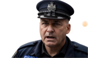 A middle aged police officer wearing his hat in uniform. The officer looks rather upset and annoyed.