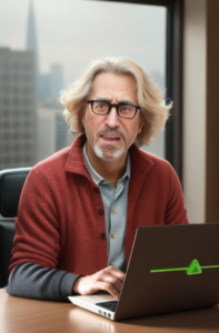 A picture of Notorious GIB (Gordon I. Brookside) sitting at his desk in front of his laptop with a disappointed look on his face. Wearing a read sweater and black glasses.