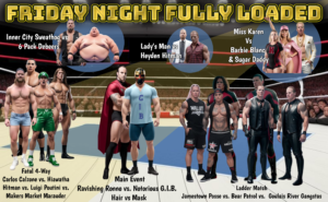 An fictional advertising poster showcasing all the different wrestlers that will be on the card.