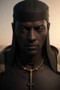 A menacing looking black man wearing a dark head piece to block the sun.