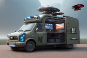 A van with a sliding door that is open exposing the interior of the van with computer screens working and other hi-tech equipment. the van is a military type green in colour with the letter M on the side of the front door. There is a drone flying in the above and to the side of the van. The van also has rounded communication arrays on the roof of the van.