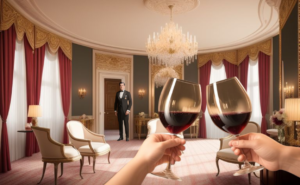 A formal eloquent room with a man in a tuxedo standing at the far end of the room by a door. Two wine glasses partly filled with red wine are being clinked together...cheers