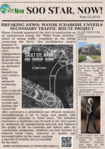 Page 3 of fictional newspaper - including overhead map shot of Sault Ste. Marie a fictional rock star and the Superintendents house.