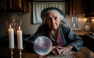 An older gypsy lady named Zaza who is a mystic sitting at a table in her house trailer with a crystal ball in front of her and some candles.