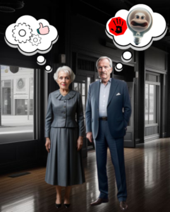 On older lady (Antoinnette) and an older man (Nelson) both characters in the story dressed nicely in a vacant store. They both have thought bubbles above their heads. Hers is gears (thinking) and a thumbs uip, his is a lightbulb with an Oh My God type look and a red hand print, indicating stop.