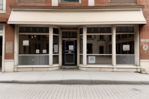 An empty store front in an older downtown location - papers are taped up on the front windows and door.