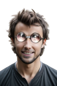 A nerdy looking guy in his 30's with messy hair, thick "coke bottle" lenses with duct tape holding them together in the centre. He also has larger front teeth, "buck tooth."