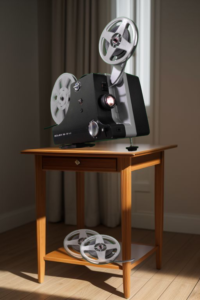 An old movie projector sitting on a small wooden table in a dimly lit room. There are a couple of film reels resting on the bottom shelf of the stand.