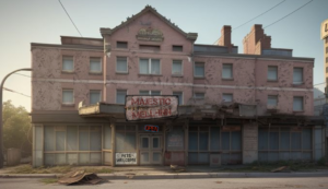 A 3 story seedy looking hotel seen from the street, that is rundown. The outside walls are cracked and weathered, The front sign is broken and cracked and almost falling off with the lettering that is almost unreadable. There is an illuminated "open" sign and another sign by the front door that states "Pets Welcome."