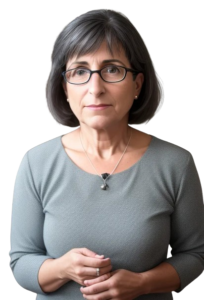 A middle aged lady (Mindy Cerone) with neck line, dark hair (a few streaks of grey) and wearing black, round rimmed glasses and a greenish top.