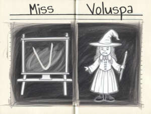 A child's drawing of a blackboard and a witch with the name Miss Voluspa printed at the top. There is also a letter V on the blackboard. Picture is drawn in pencil on lined paper.