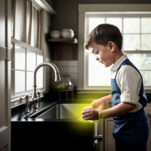 The side profile of a young boy, Ichabode, in the kitchen standing on a stool washing the dishes. He is wearing a white shirt with the sleeves rolled up and a blue apron. There is a slight glow emanating from his hands.