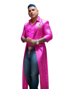 The Character Dio Alvarez dressed in blue jeans and a hot pink long jacket. He has short black hair with a somewhat muscular build.