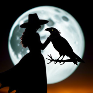 The silhouette of a witch petting a crow on a branch of a tree against a very bright and full moon backdrop