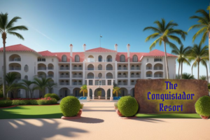 A tropical resort called The Conquistador Resort and that is printed on a giant rock near the entrance