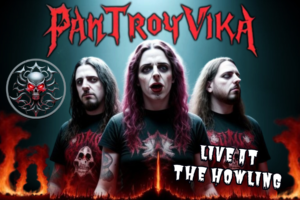 Advertising poster for a death metal band called PanTroyVika. Shows the three members of the band, one female and two males. Also shows the band's emblem.