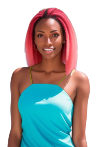 Renata Simons a girl from the Bahamas with a baby blue spaghetti strap top on with crimped hot pink/red hair