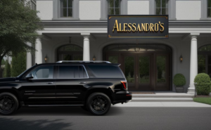 The front of a fancy restaurant called Alessandros with a black SUv parked in front.