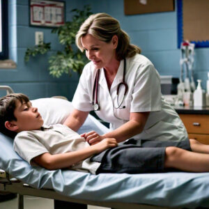 A kind nurse tending to a young black haired boy lying down on a cot in a school infirmary.