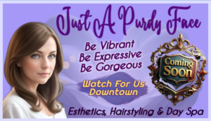 Just A Purdy Face - Fictitious ad - displays a pretty brunette and text