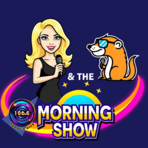 A cartoon logo of Mercedes and Mongoose Morning Show featuring a cartoon blonde girl and a mongoose wearing sunglasses. Incorporates the 106.6 station logo