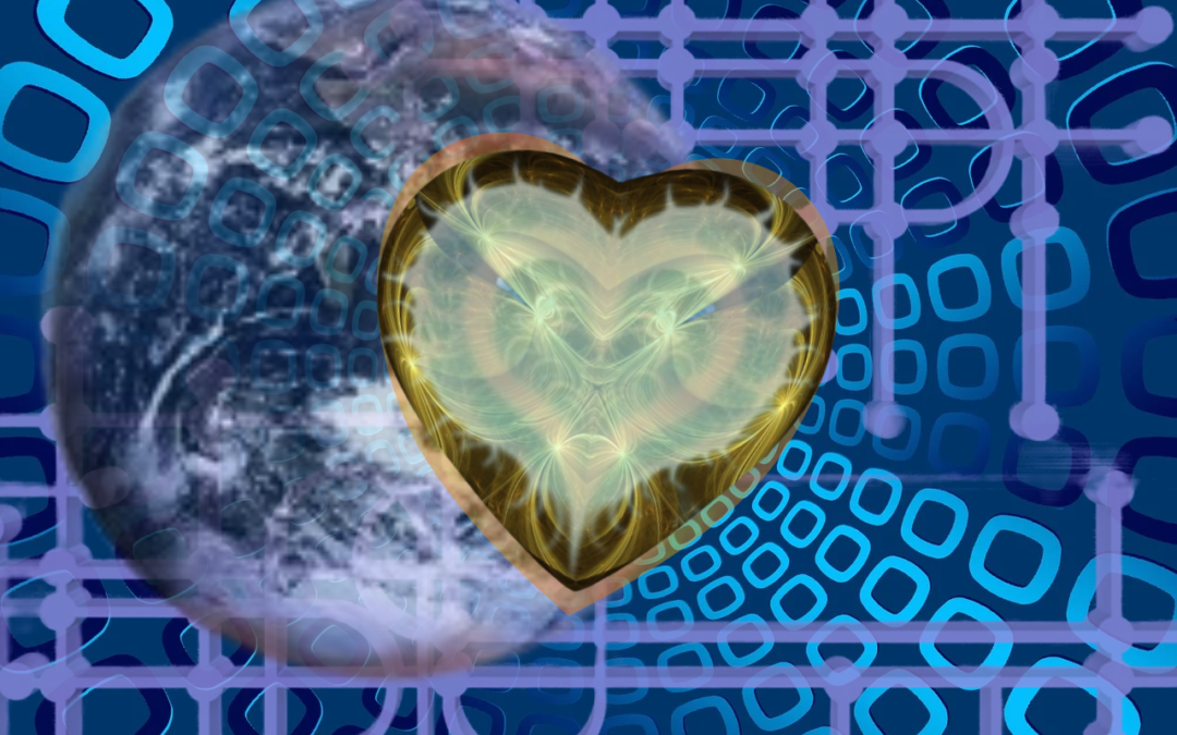 Silvery, shimmery heart in the middle of an abstract blue tech. background