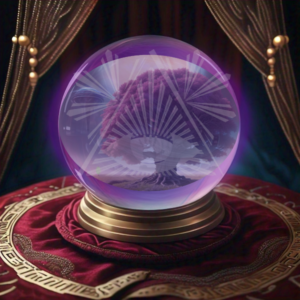 A crystal ball sitting on an elaborate table covering on a table. The crystal ball shows an ancient tree of life, with a mystical symbol over top. There are red curtains drawn like a stage in the background