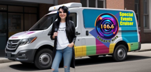 Skylar Michaud - onsite radio host dressed in jeans, a black jacket and white shirt. She is standing in front of the multi coloured 106.6 special events cruiser van. She is wearing headphones and holding a microphone.