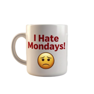 A coffee mug that says I Hate Mondays! with a sad emoticon on the mug as well.