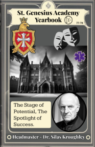 Front cover of the yearbook for St. Genesius Academy 77/78- Th cover features the picture of the school a gothic looking school, the medical epilepsy logo, the schools crest, and a picture of the headmaster Dr. Silas Kroughley who looks to be a stern and grouch man