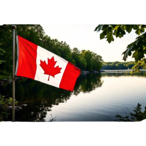 The Canadian Flag with a nice calm lake surrounded by trees